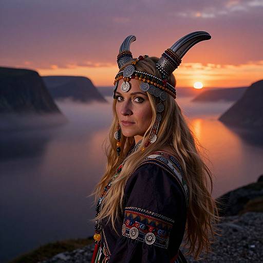 Photograph of a blonde woman with Viking horned helmet, adorned in dark, patterned clothing, standing at a misty, sunset-lit fj