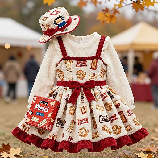 Photograph of a child's white dress adorned with candy patterns, maroon trim, and a matching hat, holding an 