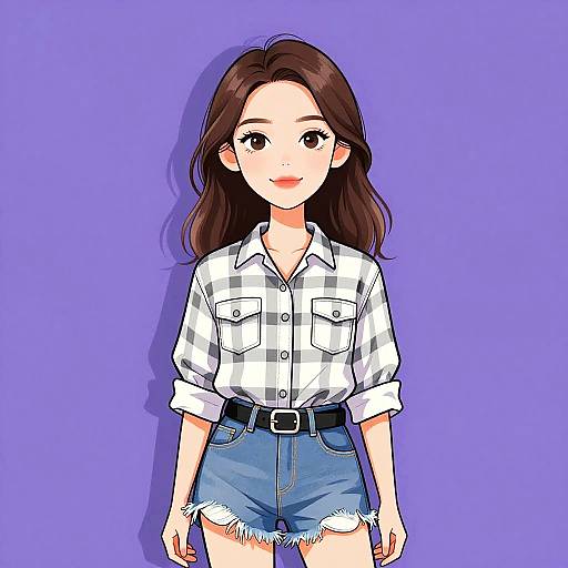 Casual Woman in Plaid Shirt and Denim Shorts