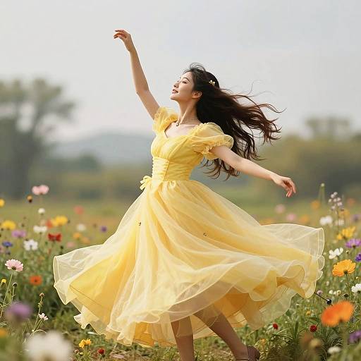 Woman Twirling in Yellow Dress in Flower Field