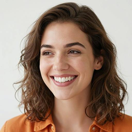 Photograph of a smiling young woman with wavy brown hair, light skin, and brown eyes, wearing an orange button-up shirt, against a plain