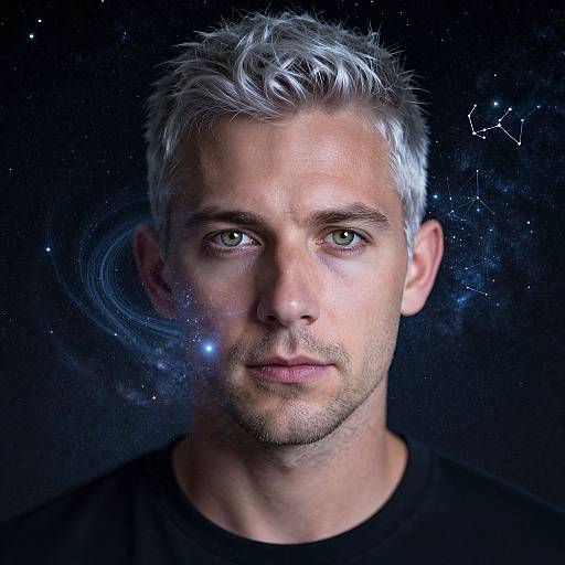 Photograph of a silver-haired man with green eyes, black shirt, against a starry, cosmic background with swirling galaxy patterns.