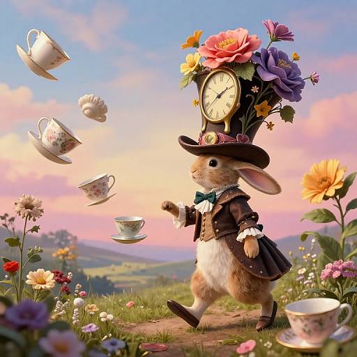 Digital illustration of a whimsical rabbit in a dark suit and top hat, adorned with a clock and flower, floating teacups in a colorful,