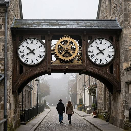 Photograph of a cobblestone alley with stone buildings, featuring a large wooden clock arch with white clocks and gold gears, foggy background, and