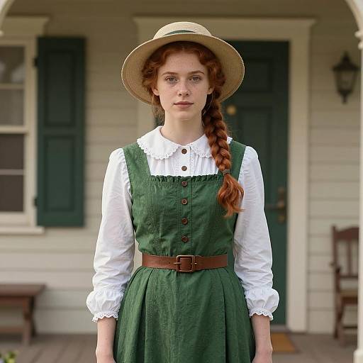 Young Woman in Vintage Green Dress and Straw Hat