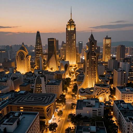 Photograph of a city skyline at dusk, featuring illuminated, modern skyscrapers with unique architectural designs, against a colorful sunset sky.