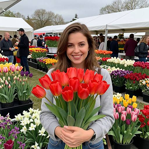Photograph of a smiling woman with brown hair, holding a bouquet of bright red tulips, standing among colorful flower stalls at an outdoor market.
