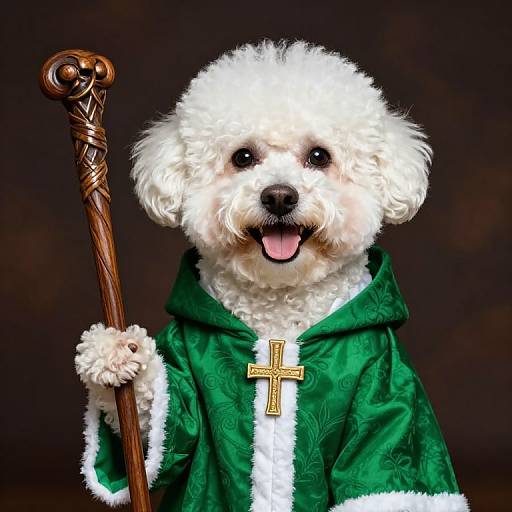 Photograph of a fluffy white poodle wearing a green, embroidered, cross-adorned robe and holding a wooden, ornate staff, with a