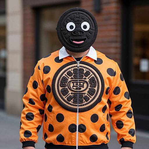 Photograph of a person wearing an orange, black polka-dot jacket with a Oreo cookie mask, white collar, and Oreo emblem on chest