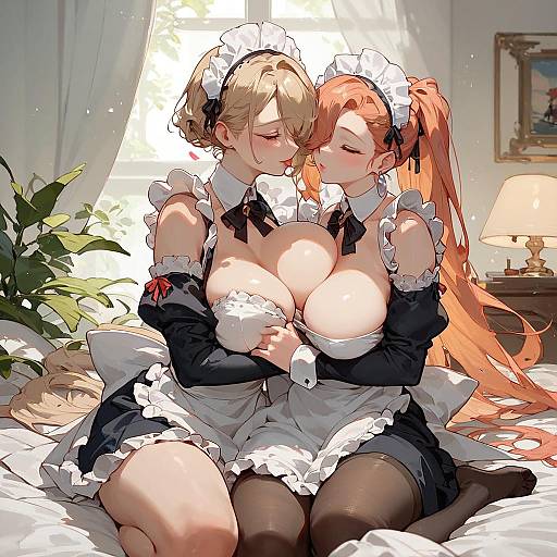 Two Anime Maids Embracing on Bed