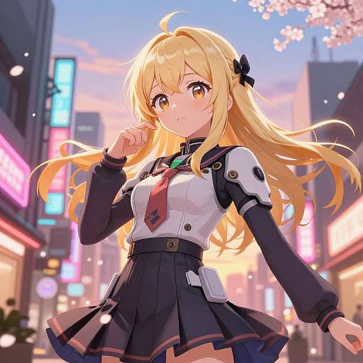 Anime-style digital illustration of a blonde girl with yellow eyes in a futuristic school uniform, standing in a neon-lit, bustling city street at sunset.