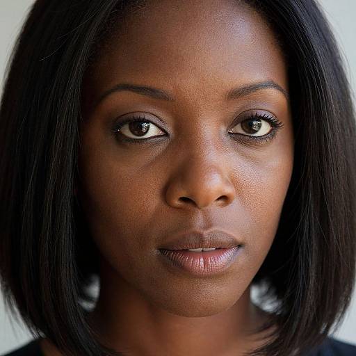 Close-up photograph of a young Black woman with smooth dark brown skin, straight black shoulder-length hair, and neutral expression, wearing subtle makeup and a black
