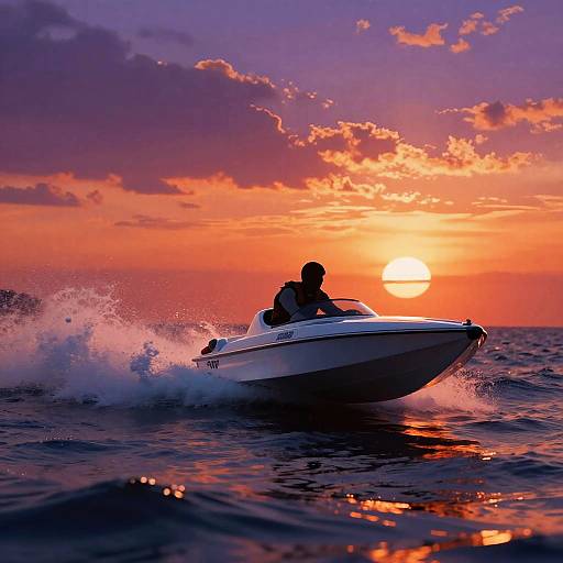 Photograph of a silhouetted person in a white motorboat speeding through dark ocean waters at a vibrant orange and purple sunset.