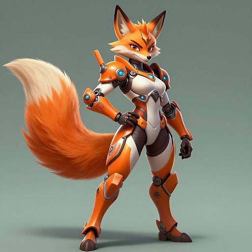 CGI anthropomorphic fox in futuristic orange and white robotic armor with blue accents, standing confidently against a gradient teal background.