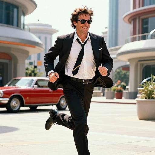 Photograph of a smiling man in a black suit, white shirt, and black tie, running through a sunny urban street, wearing sunglasses, with a