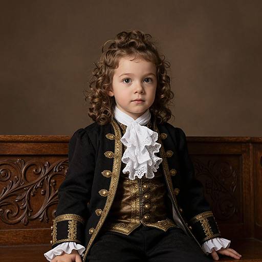 Photograph of a young boy with curly brown hair, wearing an 18th-century-style black velvet suit with gold trim, white lace, and brown