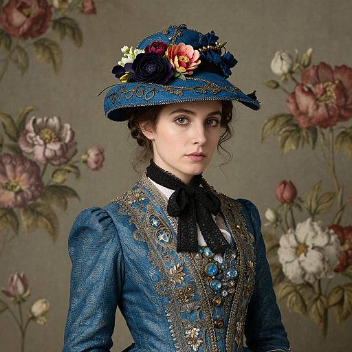 Photograph of a fair-skinned woman with blue eyes, wearing an elaborate Victorian-style blue dress and hat adorned with colorful flowers, set against a floral