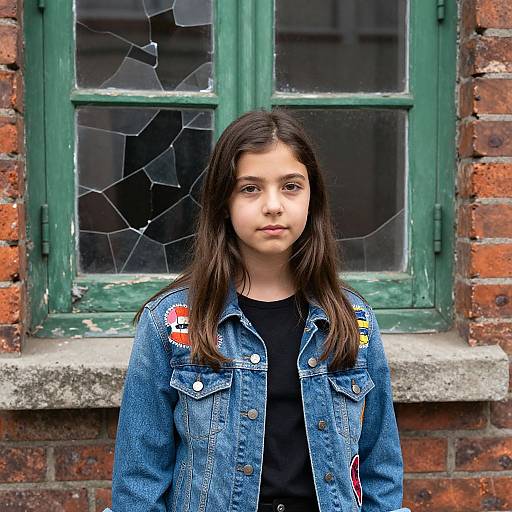 Photograph of a young girl with long dark hair, wearing a blue denim jacket with patches, standing in front of a cracked, green-paned