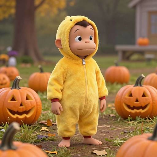 CGI image of a cute child in a yellow chick onesie, standing in a pumpkin-filled autumn yard with blurred trees.