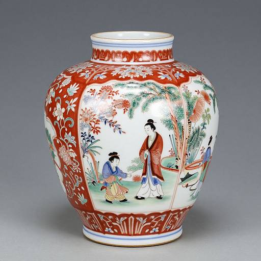 Photograph of a red and white porcelain vase with intricate Asian-style floral and figurative paintings of people in traditional attire.