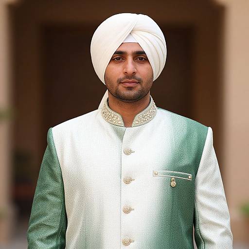 Photograph of a South Asian man with dark skin, white turban, green and white embroidered sherwani, standing in a blurred doorway.