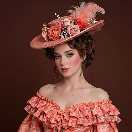 Photograph of a fair-skinned woman with curly brown hair, wearing an off-shoulder ruffled coral dress and ornate pink hat with feathers