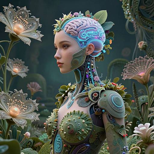 Cybernetic Woman in Virtual Botanical Garden