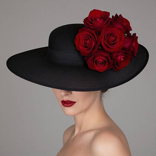 Photograph of a fair-skinned woman with red lipstick, wearing a black wide-brim hat adorned with vibrant red roses, against a plain gray background