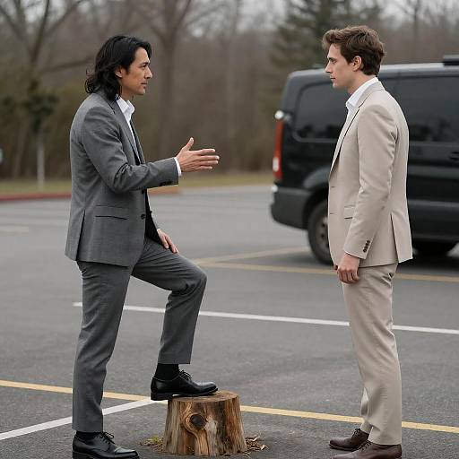 Two Businessmen Talking in Parking Lot