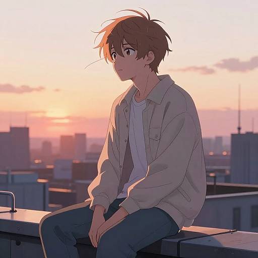 Anime Boy on Rooftop at Sunset