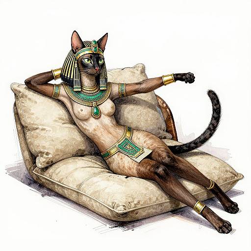 Digital illustration of a black-furred, anthropomorphic female cat with Egyptian attire, reclining on beige pillows, adorned with green and gold jewelry.