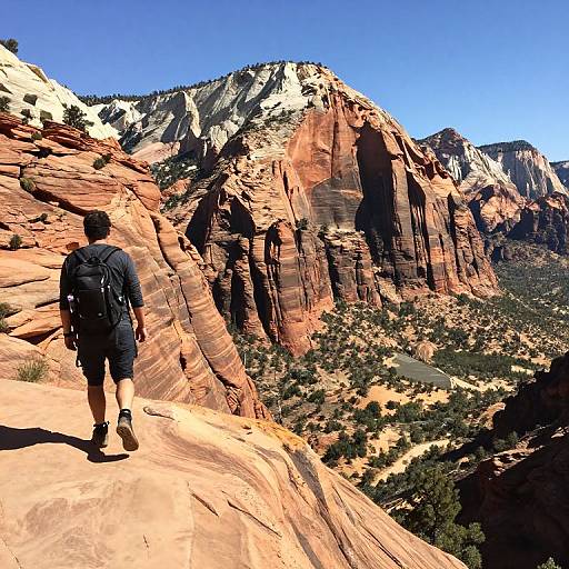 Photograph of a hiker with a backpack standing on a rocky ledge, looking at a vast, sunlit, red rock canyon under a clear blue