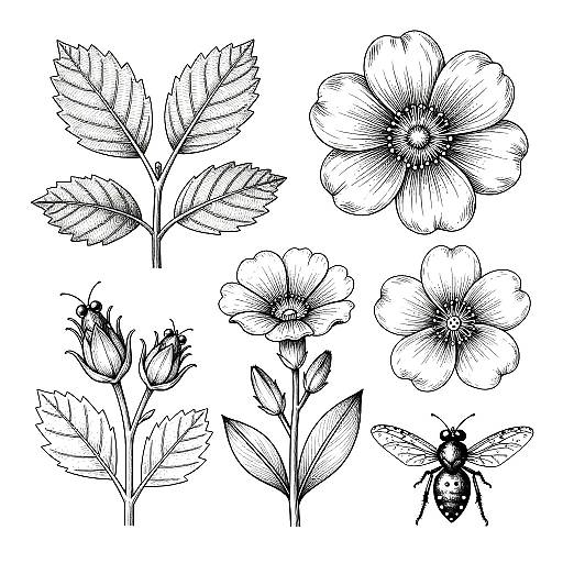 Black and white botanical illustration: six detailed flowers, three leaves, and one bee, showcasing intricate line work and natural elements.