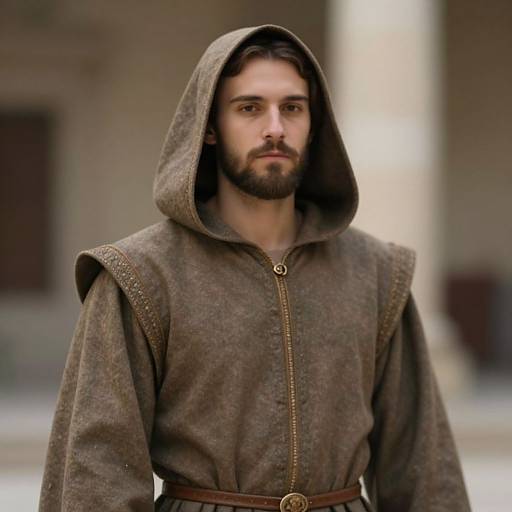 Photograph of a serious, bearded man with dark hair, wearing a brown hooded medieval robe with brass buttons, standing outdoors.