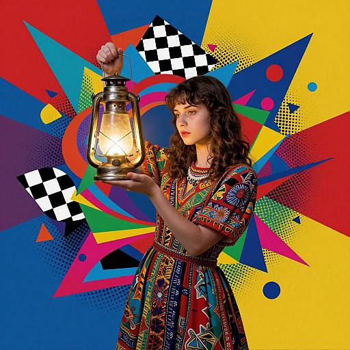 Photograph of a young woman with curly brown hair, wearing a colorful, patterned dress, holding a lit lantern against a vibrant, abstract, geometric