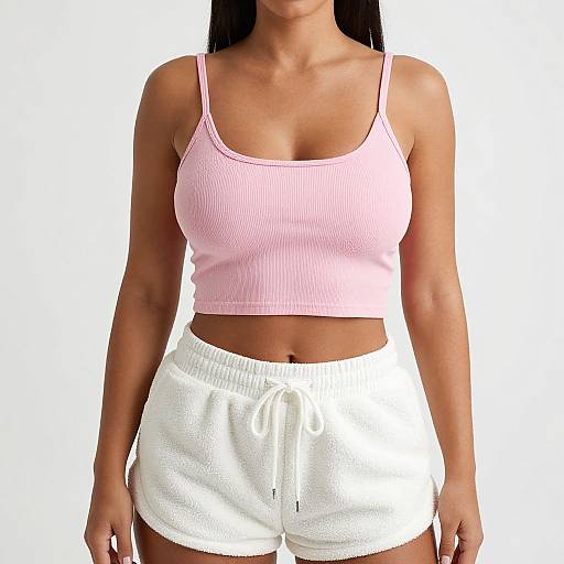 Photograph of a woman with tan skin, wearing a pink ribbed crop top and white textured shorts with a drawstring.