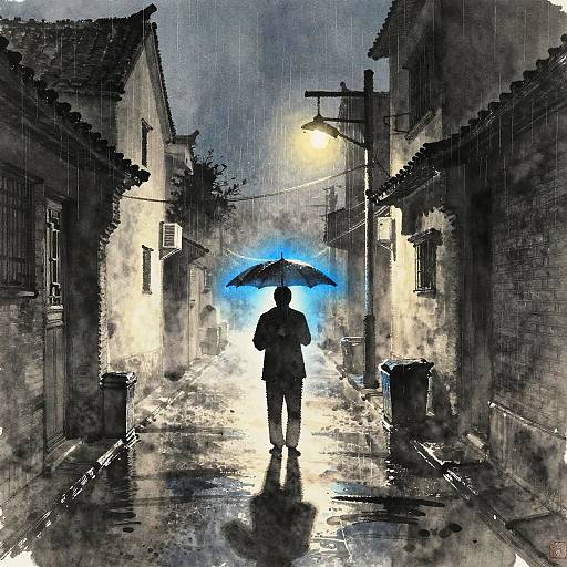 Ink Wash Night Alley Musician