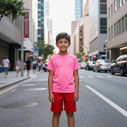 Cheerful Boy in Vibrant City Street