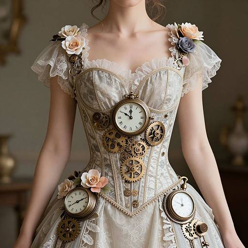 Photograph of a woman in a vintage, steampunk-inspired white lace dress with clock gears, floral decorations, and puffed sleeves.