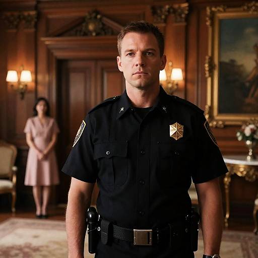 Serious Policeman in Ornate Wood Panel Room