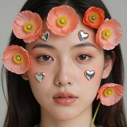 Woman with Coral Poppies and Hearts