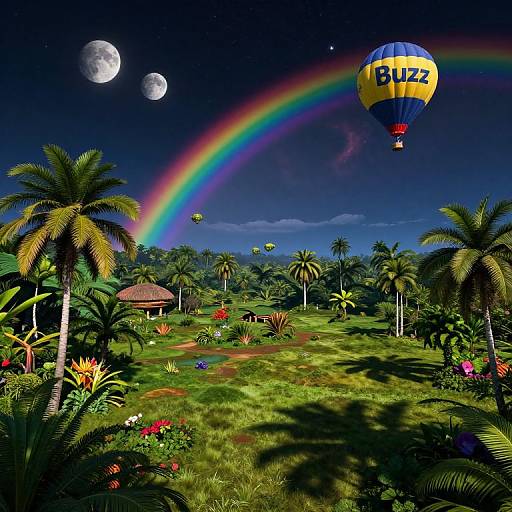 Vibrant digital artwork: Tropical jungle with palm trees, colorful flowers, and a blue and yellow 