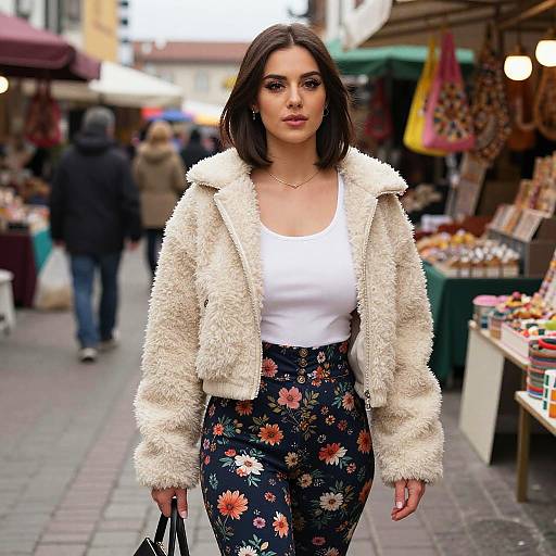 Petite Woman in Vibrant Market Scene