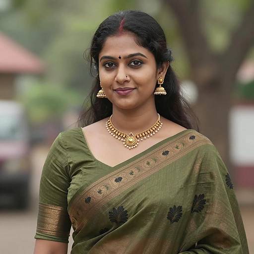 Indian Woman in Olive Green Saree