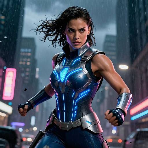 Digital artwork of a muscular, dark-haired woman in a futuristic, metallic blue armor suit, running in a rainy, neon-lit city street at night