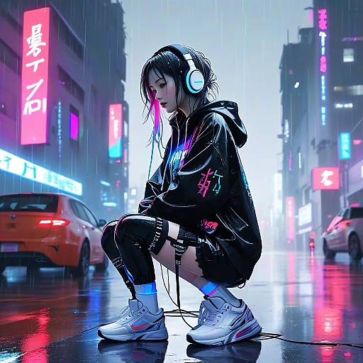 Cyberpunk cityscape at night: Asian woman with black hair, headphones, wet hoodie, shorts, and white sneakers squats on wet street,