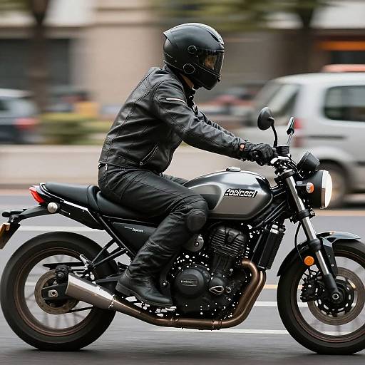 Photograph of a motorcyclist in black leather gear and helmet, riding a silver Honda motorcycle on a city street. Blurred background features cars and