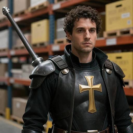 Intense Man with Metallic Arm in Warehouse