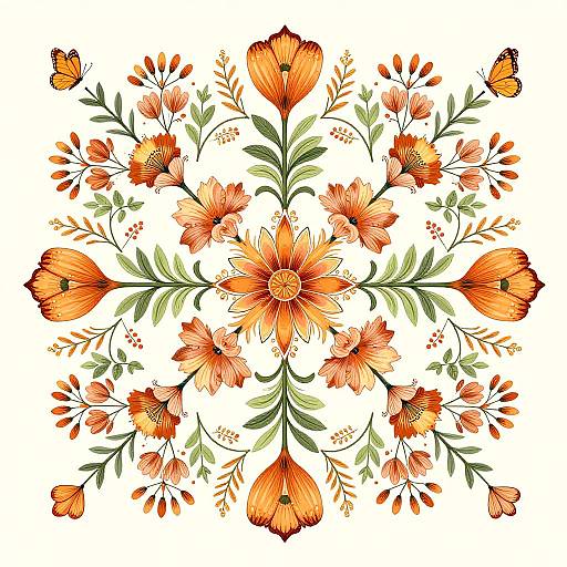 Digital floral mandala with vibrant orange poppies, green leaves, and small orange butterflies symmetrically arranged on a white background.