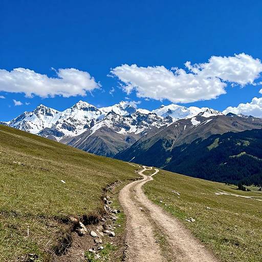 Photograph of a winding dirt path leading to snow-capped mountains under a bright blue sky with scattered white clouds.
